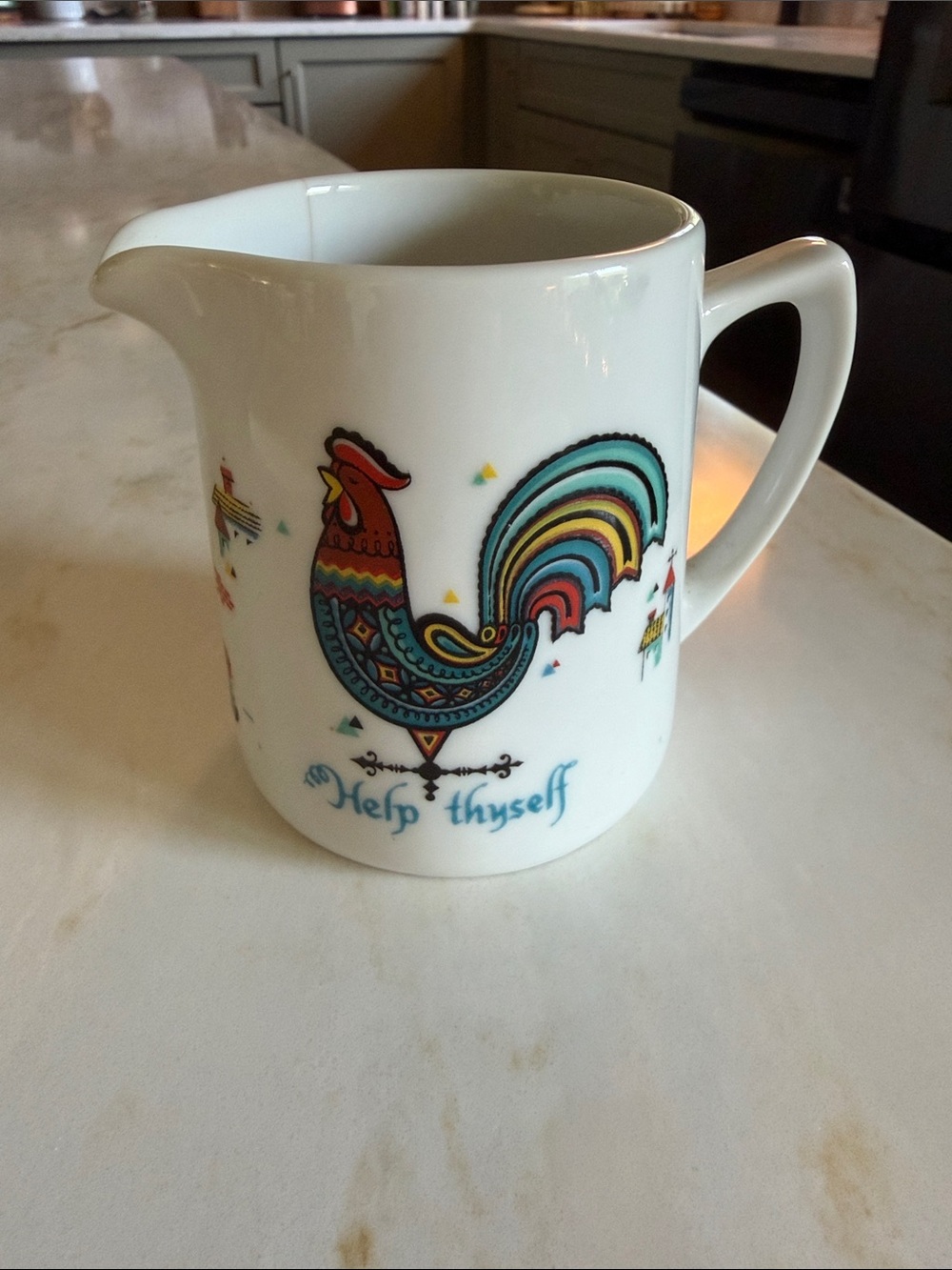 Help Thyself Rooster Ceramic Pitcher - White with Multicolor Rooster